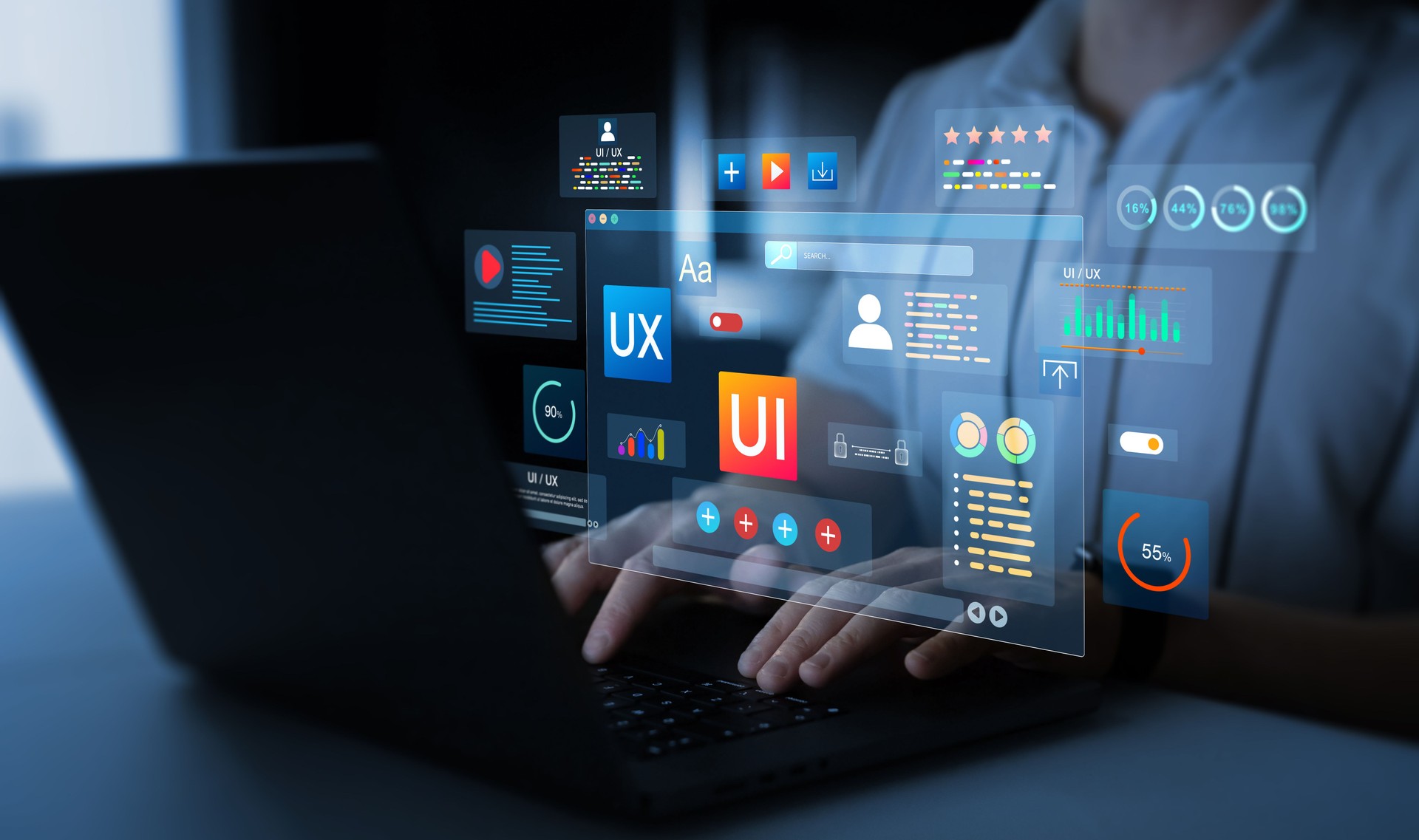 Holographic UI-UX, display icons of UX-UI designer, creative planning, data visualization. Web design, application design,coding develop.UX-UI design web and user design development